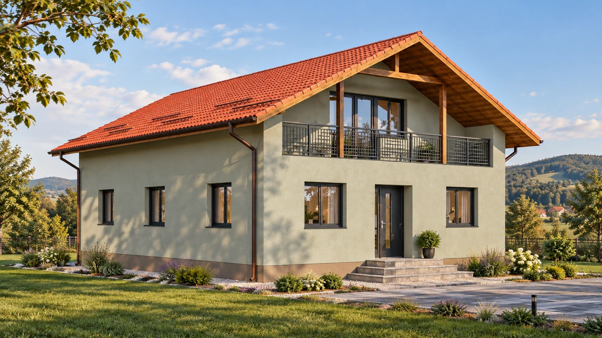 Casă cu balcon spre grădină și scară laterală — randare 6