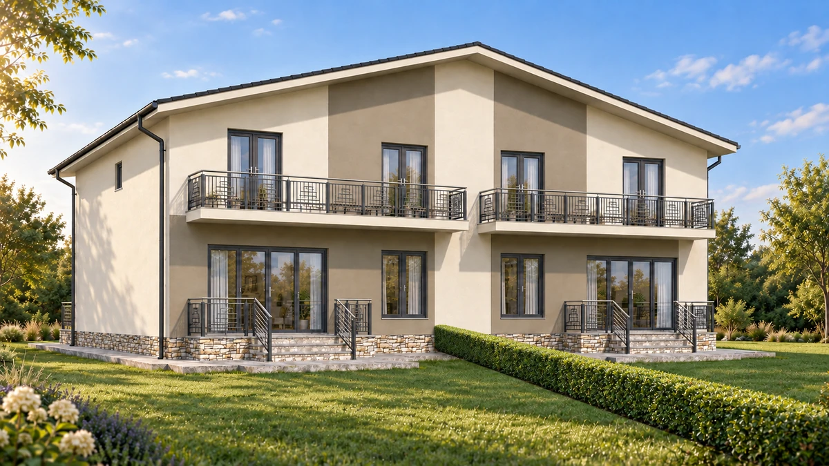 Locuință duplex cu terase și balcoane spre grădină — randare 1