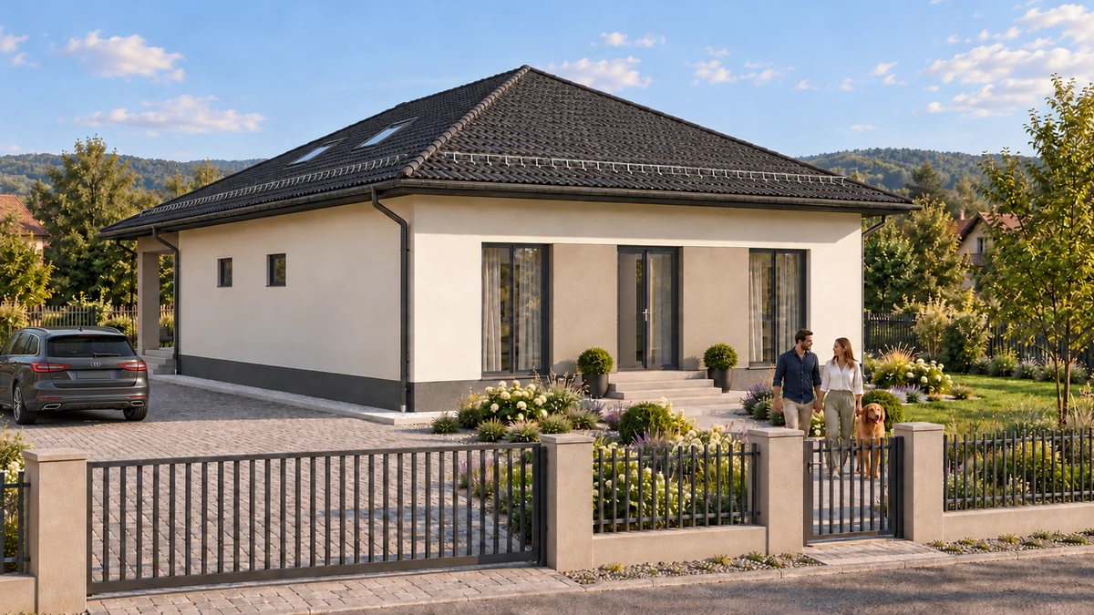 Casă pe un nivel cu terasă amplă spre grădină — randare 2