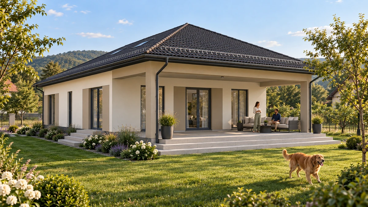 Casă pe un nivel cu terasă amplă spre grădină — randare 3