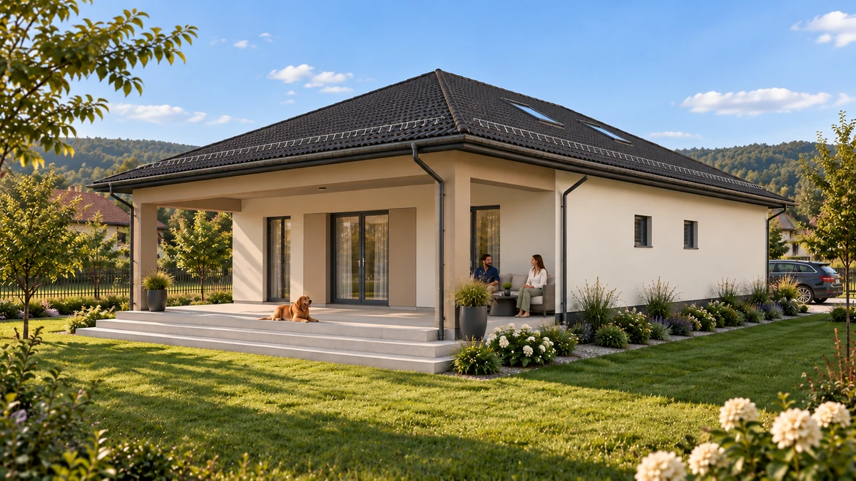 Casă pe un nivel cu terasă amplă spre grădină — randare 4