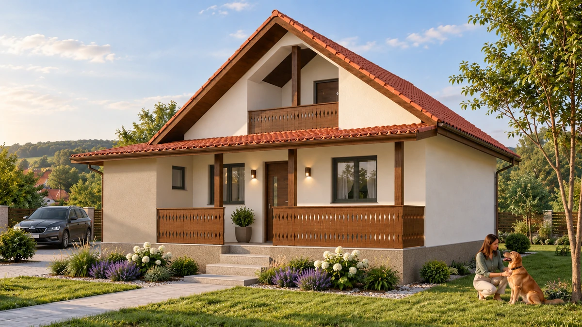 Casă cu pridvor din lemn și balcon în fronton — randare 1