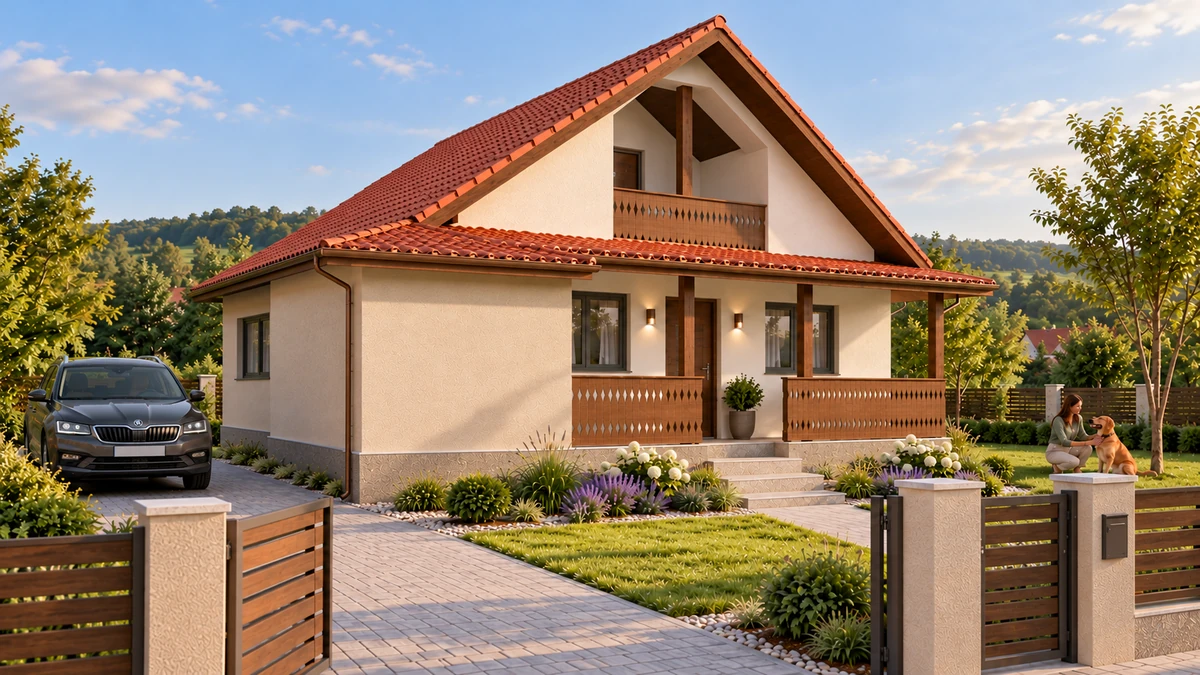 Casă cu pridvor din lemn și balcon în fronton — randare 2