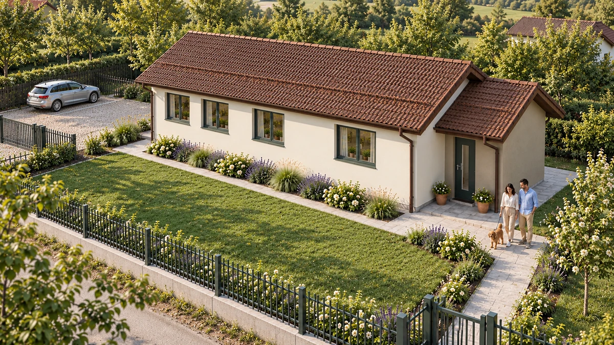 Anexă cu acoperiș în două ape și acces lateral — randare 3