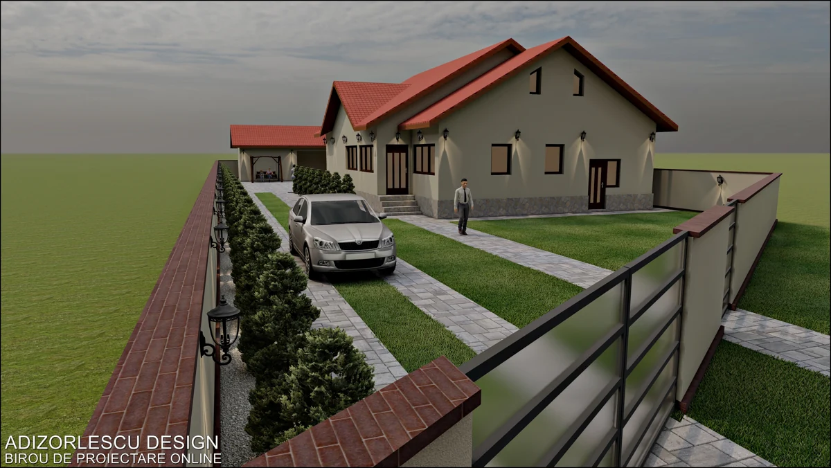 Casă cu două frontoane și curte amenajată — randare 2